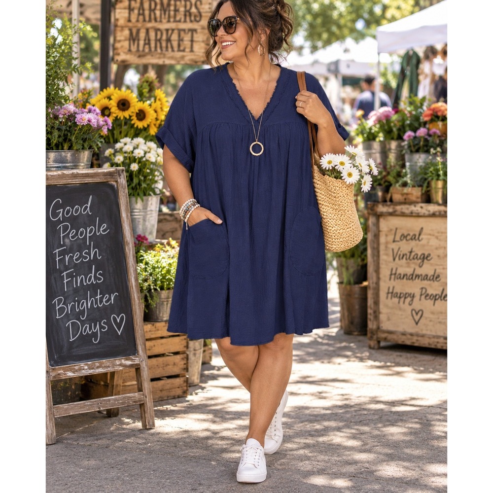 Vanilla Bay Navy Blue 100% Cotton Gauze V-Neck Babydoll Dress Large